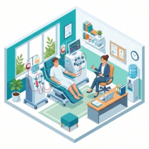 Изометрическая иллюстрация психологической поддержки пациента при выводе из запоя с помощью плазмафереза на белом фоне